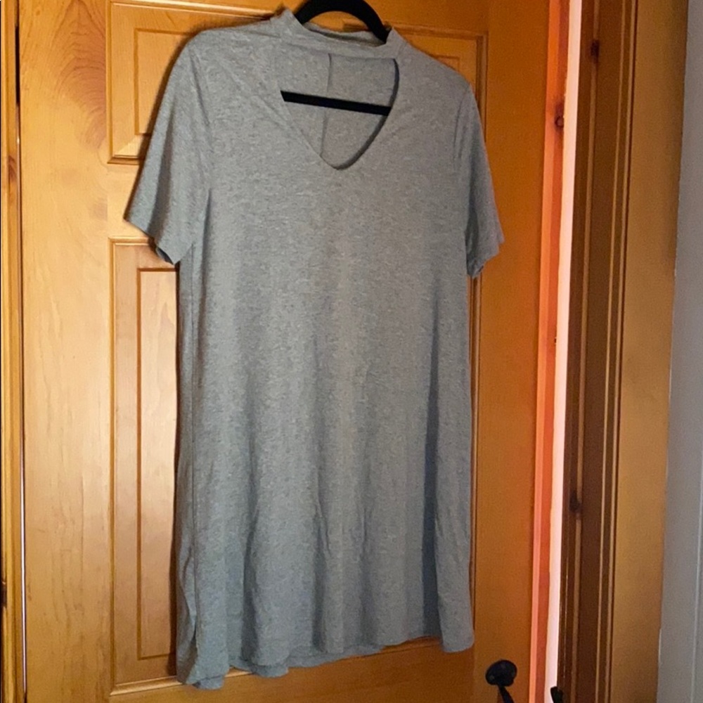 High neck open in front grey dress